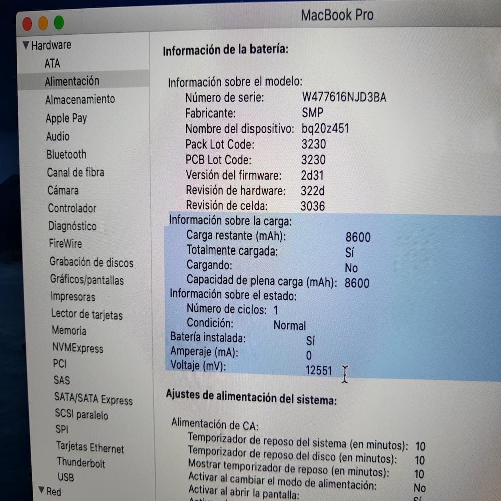 Comprobación de ciclos de batería nueva en MacBook Pro A1398