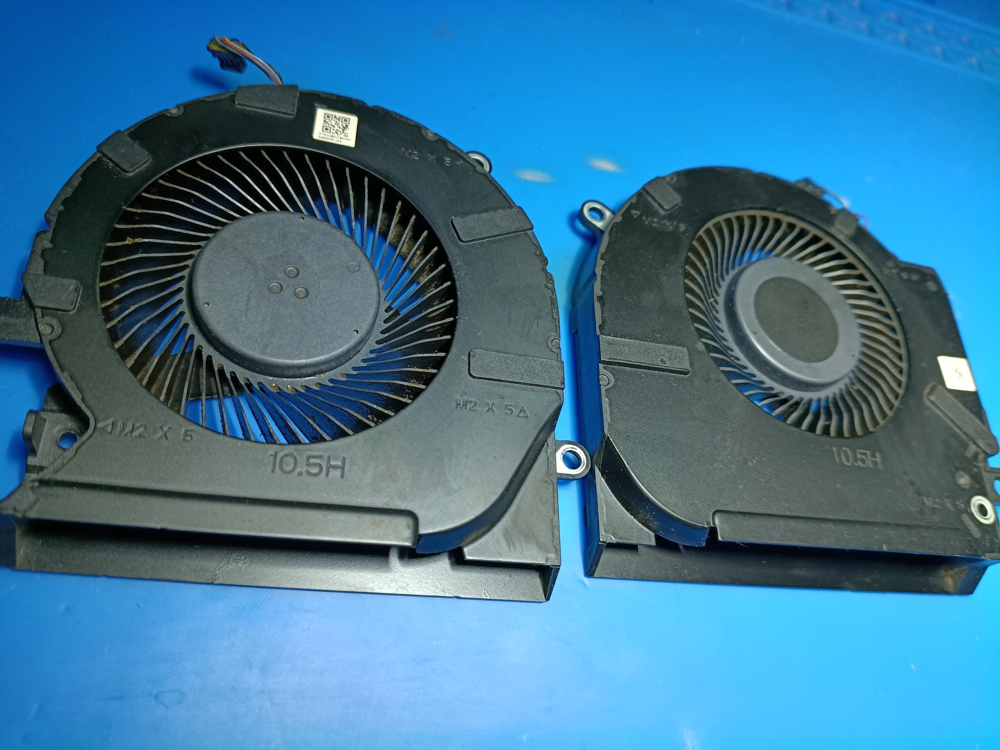 Los dos ventiladores del HP OMEN desmontados después de la limpieza